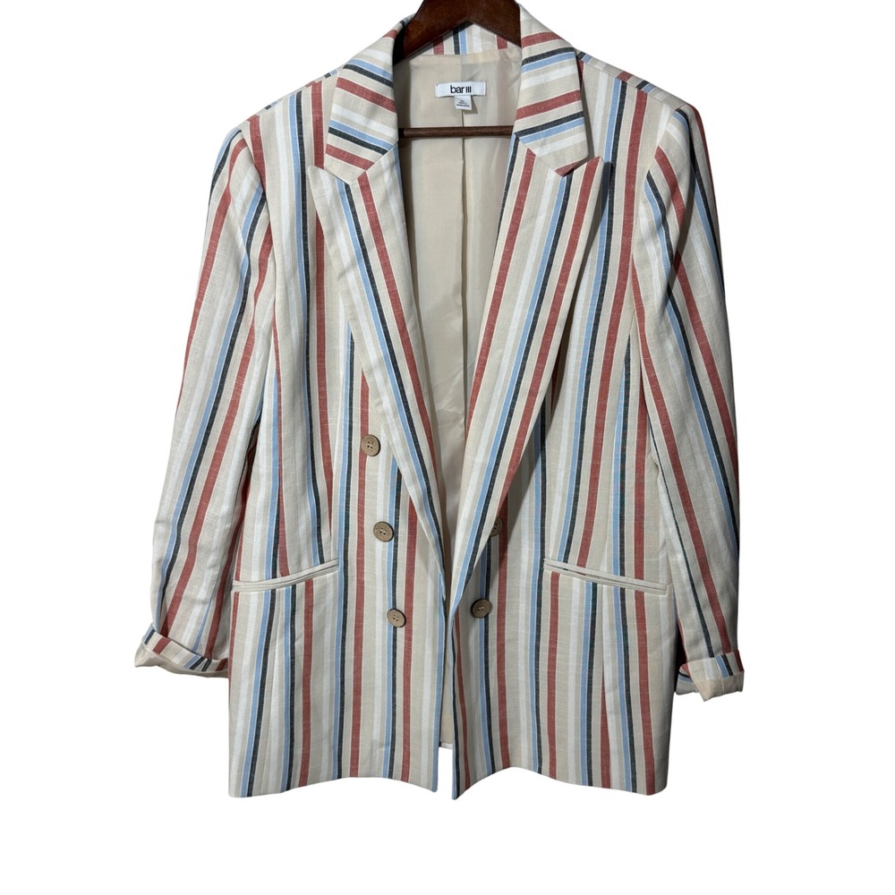 Bar III Womens XL Striped Blazer Double Breasted Cream Blue Red Coastal Preppy